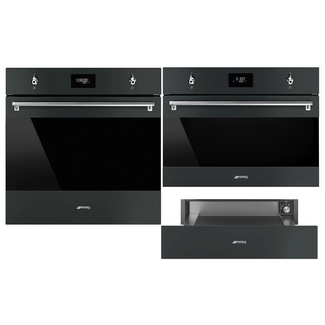 Smeg Matte Black 60cm Oven, Microwave Combi Oven and Warming Drawer Bundle - Factory Seconds Discount