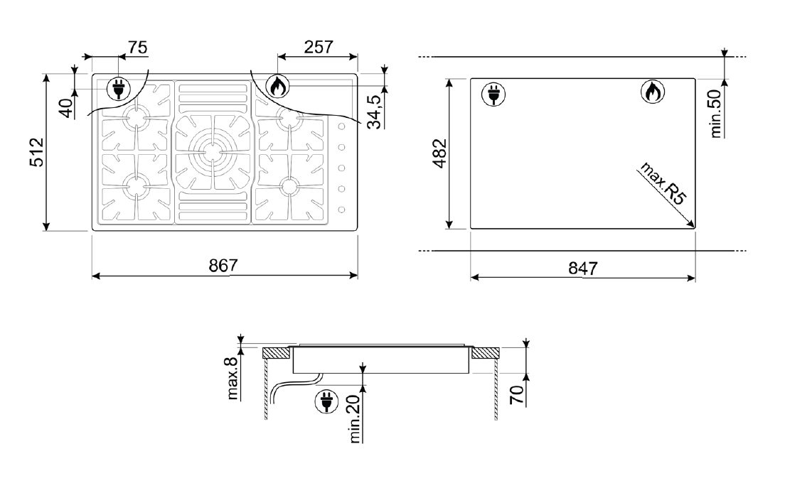 Smeg 90cm Stainless Steel Gas Cooktop PGA95-4