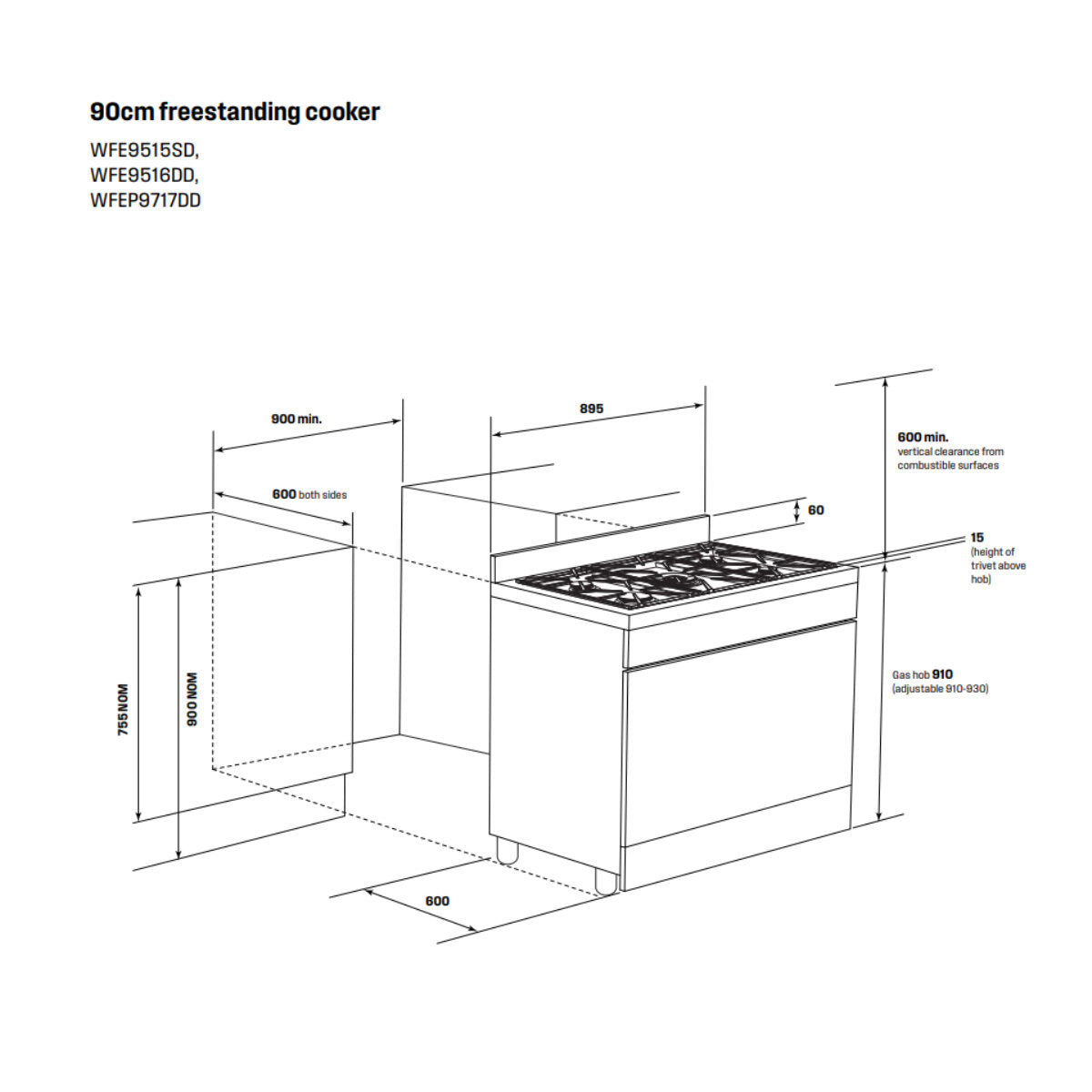 Westinghouse 90cm Freestanding Dual Fuel Pyrolytic Oven WFEP9717DD - Factory Seconds